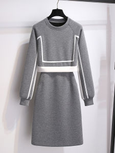 Gray Casual Long Sleeve T-Shirt Dress Womens Spring Autumn New Waist Exposed Faux Two-Piece Sweatshirt Dress Small Size