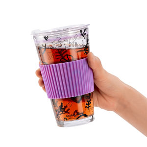 Davidannie Large Capacity Coffee Glass Cup Womens High Aesthetic Creative Water Cup with Lid Cold Drink Cup Printed Design