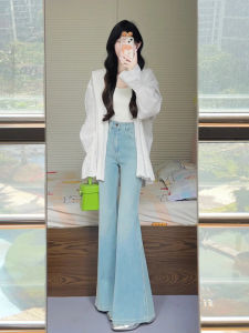 American Style High Waist Bell Bottom Jeans Womens Slim Fit Horse Hoof Floor Length Pants Summer Collection Ladies Jeans