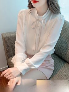 เสื้อเชิ้ตผ้าชีฟองสีขาวสไตล์เกาหลีสำหรับผู้หญิง ฤดูใบไม้ผลิ ฤดูใบไม้ร่วง ฤดูหนาว เสื้อเชิ้ตแฟชั่นสำหรับผู้หญิง ทรงตรง ปกติ