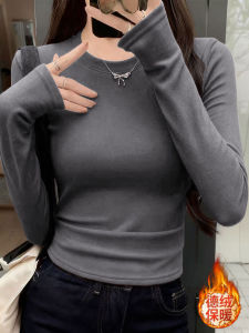 Gray Base Layer Long Sleeve T-Shirt Womens Thickened round Neck Double-sided Velvet Slimming Top for Autumn Winter