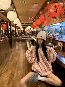 Red And White Striped Slouchy Shoulder Long Sleeve Knitwear Casual Loose Fit Trendy Womens Autumn Winter Sweater