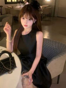 CHANGTONG | Korean Style Butterfly Knot Puffy Dress Waist Cinched Little Black Dress High End Birthday Mini Dress Skirt Pure Color Long Sleeve