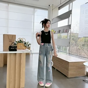 กางเกงยีนส์เด็กผู้หญิง กางเกงยีนส์ขาด เวอร์ชั่นเกาหลี ลายดาว  เวอร์ชั่นเกาหลี บางสําหรับฤดูร้อน แฟชั่น เหมาะสำหรับอายุ 7-15 ขวบ