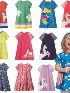 Cotton Unicorn Dog Short Sleeve Dress for Toddlers And Preschool Girls Jumping Meters Brand A-Line Skirt Summer Dress