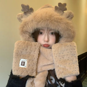 Adorable Bear Hat Scarf Set Polyester Fiber Winter Warm Three-Piece Ensemble Hat with Built-In Scarf Snuggly Cozy Winter Accessories