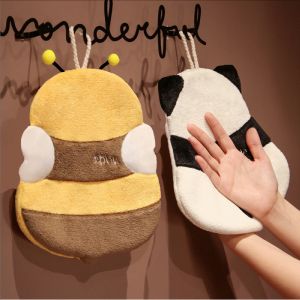 Cartoon Bee Panda Shaped Hand Towel Soft Coral Velvet Absorbent Towels with Hanging Rope Childrens Cute Hand Wiping Cloth Multi-functional Cleaning Rag