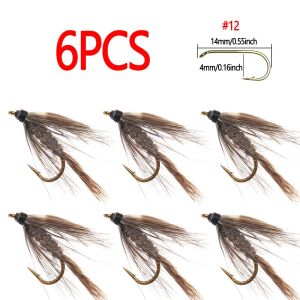 Bimoo 6pcs 12# Soft Hackle March Brown Wet Nymph Fly Hares Ear Dubbing Copper Wire May Fly For Trout Grayling Fishing Lures