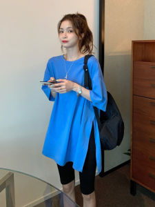 Blue Short Sleeve T-Shirt Womens Summer New Fashion Design Loose Mid-Length Pure Cotton Body Korean Style Commute Print