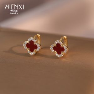WENXI | Red Four-Leaf Clover Delicate Dainty Earrings