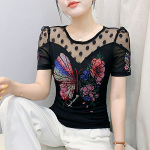 Yimei Yimei mùa hè của phụ nữ Hàn Quốc áo thun màu đen đẹp bướm dập nóng hàng đầu giảm béo chấm bi thời trang cổ tròn Áo sơ mi