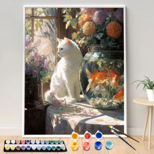 BILIBILI | Hand Paint White Cat and Goldfish Painting By Numbers Kit DIY Acrylic Artwork Canvas Art Gift Home