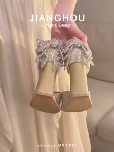 Shiny Surface High Heels Mary Janes Womens Shoes Butterfly Fairy Single Shoes Leather Insole Korean Style round Head Soft Surface Leather
