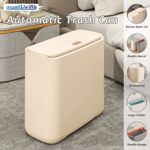 JustLiving 1PC Narrow Trash Can with Lid and Press-Pack Design Bathroom Waste Garbage Bin Kitchen Waste Can Waterproof Dustbin Large Capacity Garbage Bin