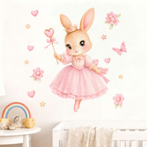 Ballerina Bunny Princess Wall Decal - Peel and Stick Removable Watercolor Sticker Pink TutuCute Wall Art for Baby Girl Nursery