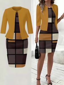 autumn and winter styles Geometric Pattern With Mustard Accents casual style pattern content round neck Dress suit