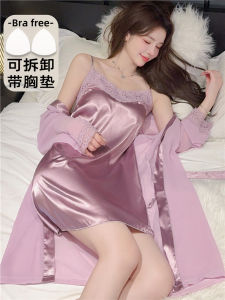 Đồ Ngủ Lụa Băng Mùa Hè Gợi Cảm Cho Nữ Đồ Ngủ Dài Tay Áo Choàng Tắm Hai Mảnh Quần Áo Mặc Nhà Mùa Xuân Thu Vải Cotton Pha Trộn