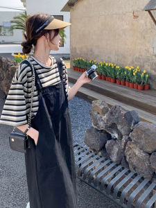 Black Oversized School Style Halter Dress Set Loose Fit Midi Length Cotton Blend Spring Summer Casual H-Shape Straight Tube