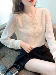 BaKuSen Spring 2023 V-Neck Lace Splice Chiffon Shirt Womens Long Sleeve Sweet Style Base Layer Outerwear Top Fashionable