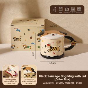Cute High Aesthetic Ceramic Coffee Cup With Engraved Dog And Lid