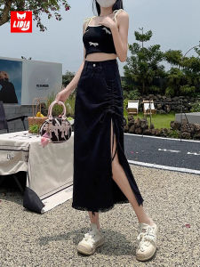 Black Waist-Sheathing HighWaistedAline Denim SkirtMidLengthZipper ClosureDentistory PocketWith BeltWomen SpringNew Style