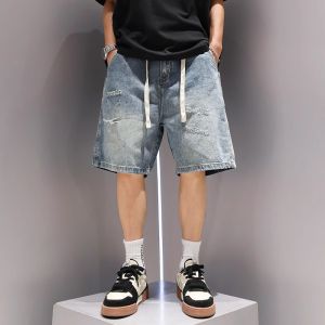 Trendy Ripped Elastic Waist Jeans Shorts Summer Thin Mens Handsome Five-Quarter Casual Loose Straight Tube Wear-resistant
