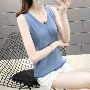 Ruizhijzg Summer Ice Silk Camisole Women Slim Fit Top ladies V-Neck Knit Sleeveless Button Top Tank Female Girl Solid color Vest Korean