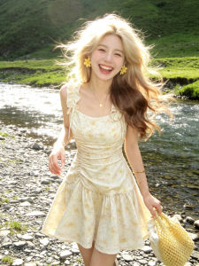 PEIZIXUAN | Yellow Floral French Style Short Strap Dress
