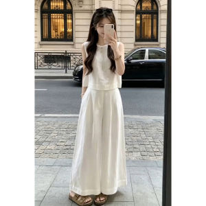 QINWEIYU | Stylish White Top and Wide Leg Pants Set for Women