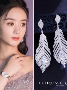 Elegant Long Feather Earrings Diamond Embedded Gemstone Studs for Bridal Dresses Slimming Fashion Jewelry Accessories