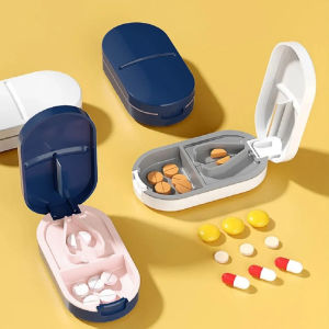 เครื่องตัดยาพร้อมที่เก็บยา กล่องยาอเนกประสงค์ เครื่องตัดยาแบบพกพาสำหรับเดินทาง เครื่องตัดยาขนาดกะทัดรัด