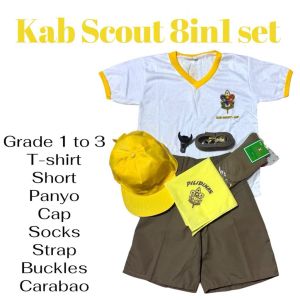 Grade 1 2 3 KAB Scout uniform set includes V neck T-shirt short cap scarf socks carabao belt and buckle.