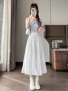 White High Waist A-Line Skirt Womens Summer New Style Lace Splicing Flounce Long Cake Skirt Polyester Fiber Cake Skirt