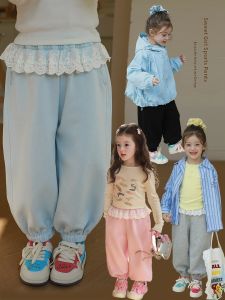 Ballet Style Girls Sports Pants Long Lace Design Spring Fashion Cotton Polyester Blend Comfortable Fit Childrens Clothing