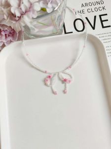 Sweet Pink Flower Butterfly Knot Beaded Necklace Versatile High Aesthetic Value Dopaamine Mini Trendy Choker Alloy Pendant Jewelry