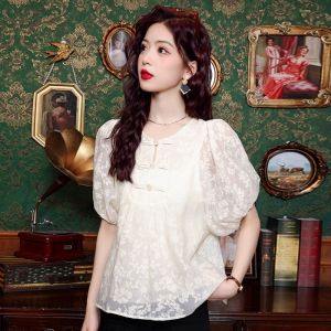 New Chinese Style Womens Fashion Summer Loose Slim Short Sleeve Chiffon Top Small Shirt Korean Version Bubble Sleeve Regular Length