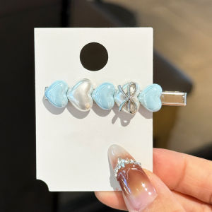 Korean Style Cute Pearl Heart Duckbill Hair Clip Light Blue Fresh out Fashion Hair Accessories Diamond Embedded Crystal Hair Clip