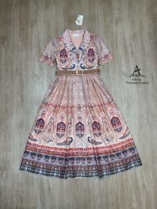 เดรสสีน้ำตาลสวยละมุน!!! S-L Maxi Dress เดรสสีน้ำตาลแขนสั้นกระดุมหน้าพิมพ์ลายสวยหรู+เข็มขัด งานป้าย Abigail
