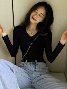 Black V-Neck Long Sleeve Base Shirt Womens Spring Autumn Pure Cotton Slimming Top Early Autumn Casual Style Comfortable T-Shirt