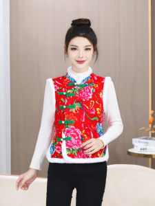 ดอกไม้ขนาดใหญ่ภาคตะวันออกเฉียงเหนือ ผ้าขนแกะ เสื้อกั๊ก เสื้อผ้าการแสดงการเต้นสี่เหลี่ยม ฤดูใบไม้ร่วง ฤดูหนาว ชนเผ่า สไตล์ อุ่น กระดุมย้อนยุค อินเทรนด์