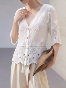 AIYITI | French Lace Hollow Unique Large Size Short Sleeve Blouse