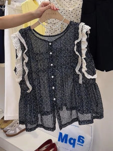 เสื้อเชิ้ตแขนกุดสไตล์เกาหลีสำหรับผู้หญิงในช่วงฤดูร้อน เสื้อเชิ้ตแขนกุดลายดอกไม้แบบลำลอง ทรงหลวม คอตั้ง ความยาวปกติ