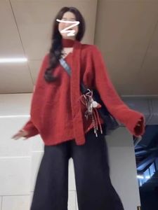 Retro Red Loose V-Neck Sweater Womens Autumn Winter New Knitted Outerwear Lazy Style Long Sleeve Top Comfortable Fit Knitwear