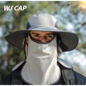 【 WJ 】หมวกปีกกว้างกันแดดและหมวกบังแดดสำหรับผู้ชายกลางแจ้งป้องกันรังสียูวีและมาส์กหน้าสำหรับผู้ชายหมวกบังแดดเส้นรอบวงหัวใหญ่ Topi Memancing อเนกประสงค์