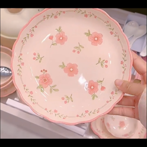 Mewah & Selamat Set Pinggan Mangkuk Warna Bawah Glasur Mudah Dicuci Dapur Pink Floral Rice Soup dinner wedding microwave gifts Ceramic Porcelain Keramik Bowl Plate Doorgift Ceramic Dinnerware Set High Temperature Underglaze ceramic