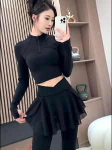 Womens Sport Yoga Set Outdoor Exercise Running Quick Dry Fitness Clothes Long Sleeve Morning Run Yoga Pants Fake Two-Piece