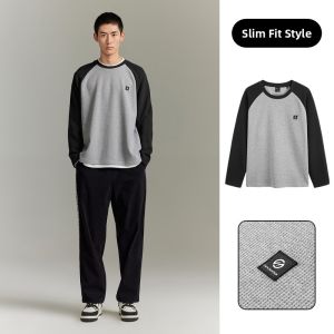 GXG | Waffle Texture Contrast Raglan Sleeve Long Sleeve T-Shirt Autumn Winter