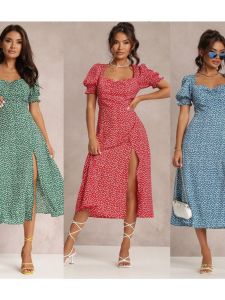 Fashion New Arrival Square Collar Floral Split Long Dress Women Fashion Print Split Dress