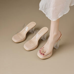 Transparent High Heel Sandals Womens Summer New Thick Heel Waterproof Platform Versatile Crystal Heel Slippers Fashionable Casual