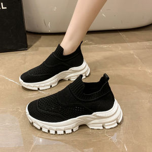 Fly Woven Mesh Sneaker Womens Stretch Sock Shoes Spring and Autumn One Pedal Bean Bag Knit Breathable Casual Running Shoes